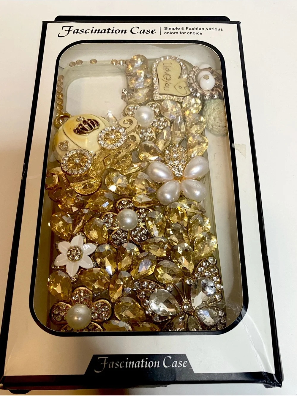 iFiLOVE for iPhone 13 14 Bling Diamond Butterfly Flower Case (Champagne)